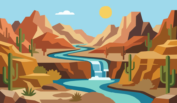 Minimal desert canyon and waterfall vector landscape illustration