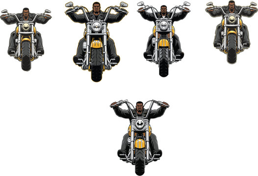 Biker riding motorcycle front view character set custom chopper motorbike male rider highway transport collection isolated vector illustration