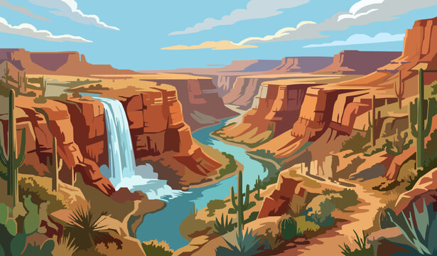 Scenic desert canyon waterfall landscape vector illustration