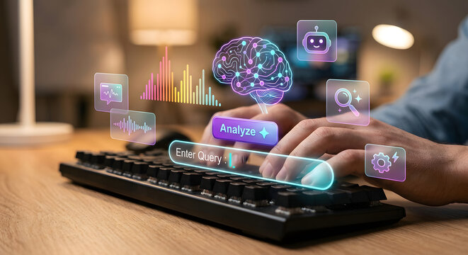 Hands Typing on a Keyboard With Icons Showing Data Analysis and Artificial Intelligence in a Home Office Setting at Night