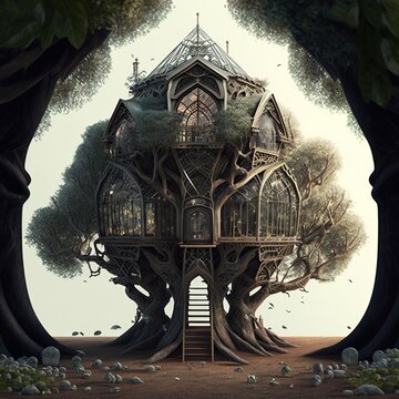 A Sci-fi steam punk baroque concept design of a gothic tree house.