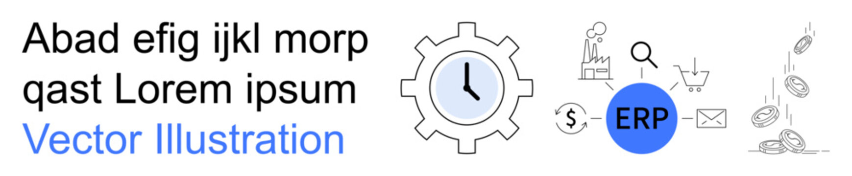 Business processes, ERP systems, technology integration, workflow optimization, time management, automation. Gear with clock surrounded by icons thumbs up cart, magnifying glass, and document