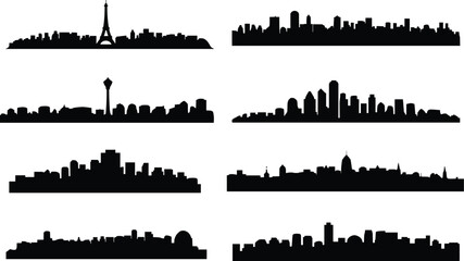 Obraz premium Creative collection of city skyline silhouette designs showcasing iconic landmarks and diverse urban architecture for travel, cultural, and artistic illustration projects
