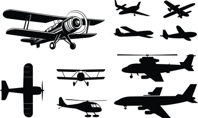 Creative collection of diverse aircraft silhouette designs featuring biplanes, jets, and helicopters for aviation, engineering, and transportation illustration projects © MstSakila