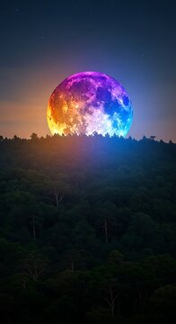 Stunning colorful supermoon rising over a dark forest silhouette at night.