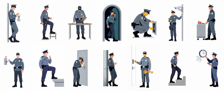 Flat Vector Illustration Set of Male Security Guards in Uniform Performing Various Professional Duties and Tasks Isolated on White Background
