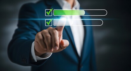 Obraz premium Businessman marking checklist with progress bar project management and task completion concept
