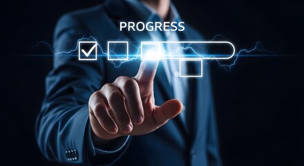 Obraz premium Businessman marking checklist with progress bar project management and completion concept