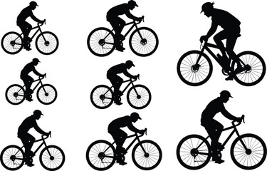 Obraz premium Cyclist Silhouettes Collection Featuring Road Bicycle Riders in Racing and Outdoor Fitness Action Poses for Sports Design Projects