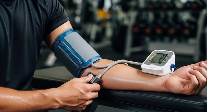 Man Checking Blood Pressure at the Gym After Workout.