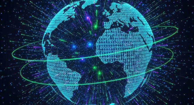 Digital globe covered with binary code surrounded by neon green lines and data streams in space representing technology and global connectivity