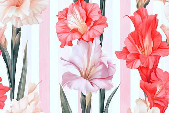 Pattern with elegant gladiolus flowers on a vertical striped background. Hand-drawn botanical illustration in soft coral, blush and cream tones with dark contrasting stripes and green leaves