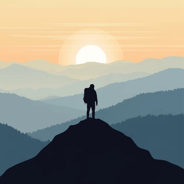 Silhouette of a lone hiker with a backpack standing on a mountain peak at sunrise or sunset overlooking layered blue mountain ranges and pine forests in a vector illustration.