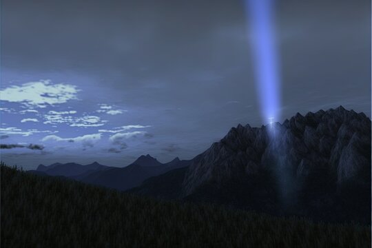 A mysterious thick vertical blue beam of light behind the mountains, grassy mountain range, overcast weather.