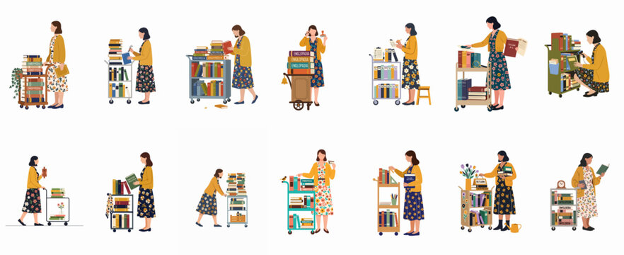Set of flat vector illustrations depicting a female librarian organizing, shelving, and transporting books using various carts in a professional library setting.