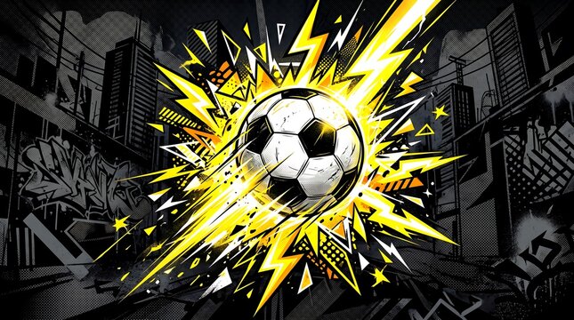 Soccer ball exploding with bright yellow lightning energy in a dark urban city street background