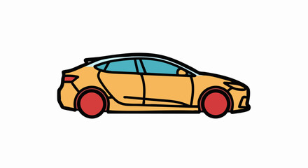Fototapeta premium Simple cartoon yellow car with red wheels side view illustration.
