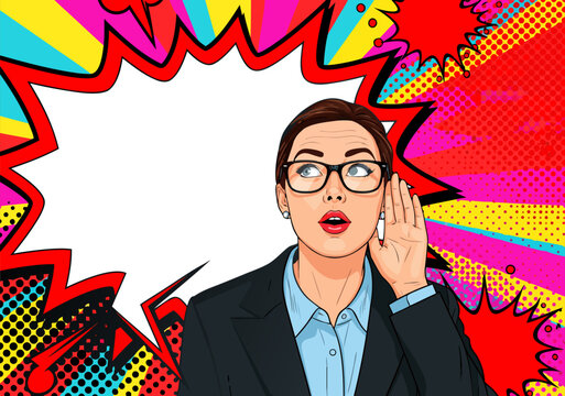 Vibrant Pop Art Businesswoman Listens Intently, Hand Cupped to Ear with a Surprised Expression, Capturing News