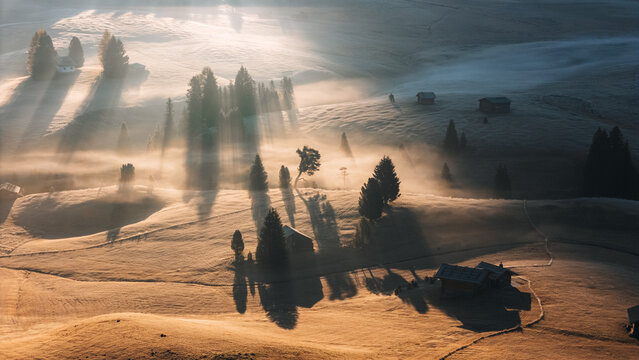 Aerial view of Alpe di Siusi with wooden huts and pine trees shrouded in morning mist and golden light rays Castelrotto, Trentino-Alto Adige, Italy.