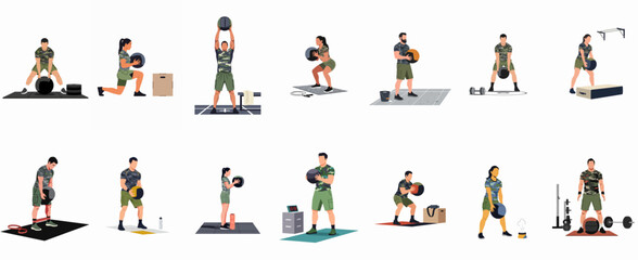 Vector collection of men and women in camouflage outfits performing various strength and conditioning exercises with medicine balls on a white background. © Ricardo