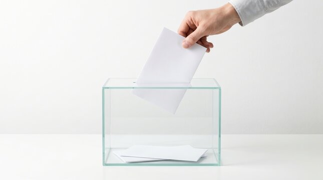 Hand dropping white envelope into clear glass voting box on plain white background with election democracy envelope