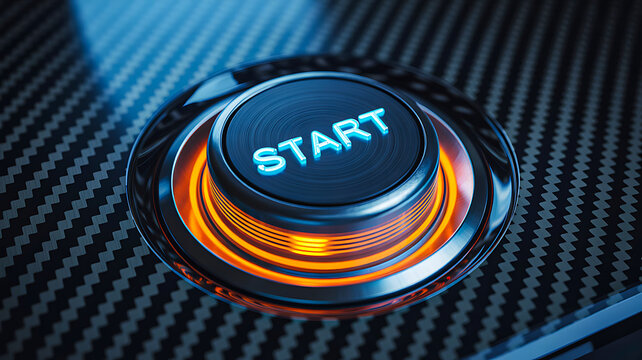 Glowing start button on futuristic technology control panel  