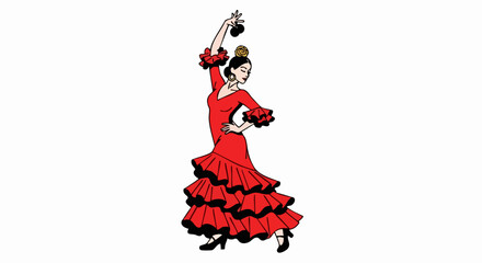 Obraz premium Flamenco Dancer in Red Dress with Castanets, Performing Traditional Dance.