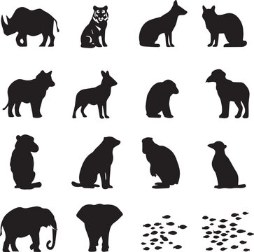 Animal silhouette grid with rhinoceros, tiger, fox, cat, wolf, bear, dog, monkey, elephant, and fish designs