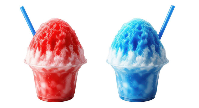 Two colorful shaved ice treats with straws in a festive setting