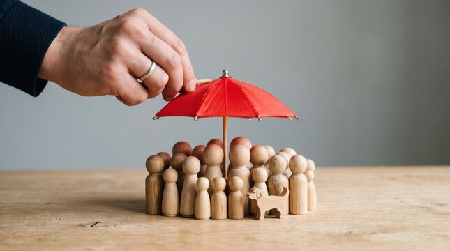 Concept of protection and social care for diverse community with hand holding umbrella over wooden figures, well being