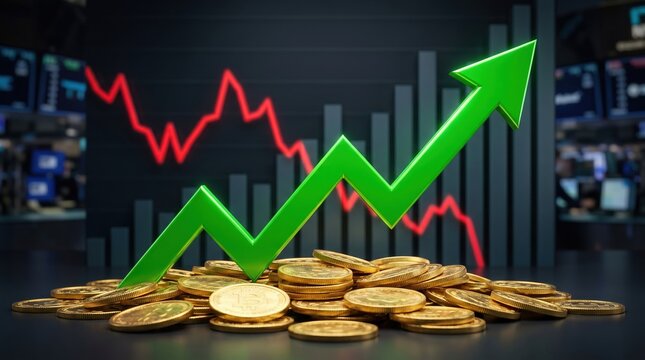 Green upward arrow over gold coins with red downward graph and stock market charts showing financial growth, financial