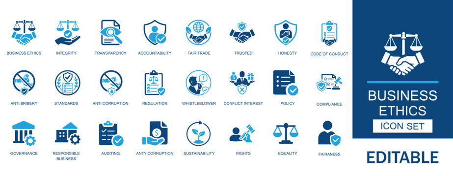 Business ethics and corporate governance icon set. Features compliance, anti corruption, whistle blower, transparency, financial, integrity, and fair trade symbols.