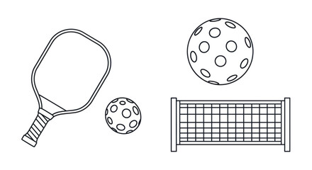 Pickleball Racket, Balls, and Net - Line Art Vector Illustration © nisol