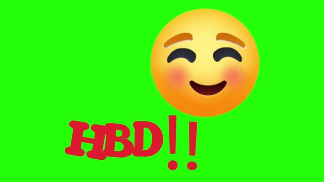 A Blushing Yellow 3D Emoji Face with Happy Closed Eyes and Red HBD!! Text 4k stock animation video on a green screen background for chroma key background for video editing.