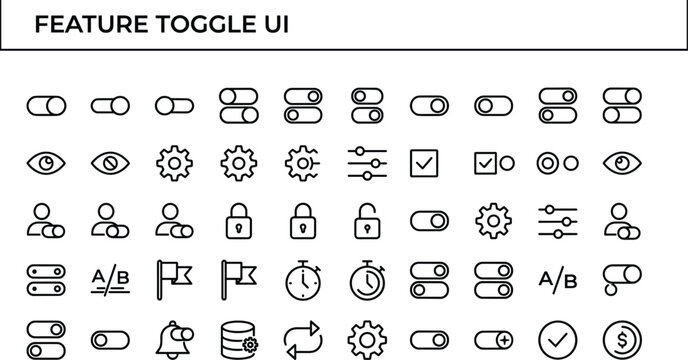 Feature toggle UI outline icon set with switch controls, settings, permissions, testing and software configuration symbols