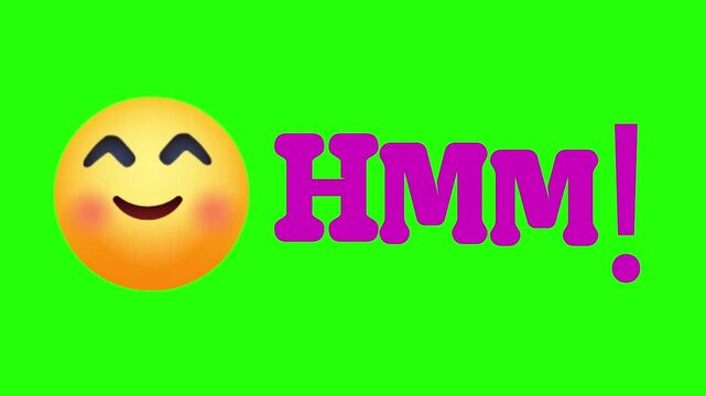 A Shifting Yellow 3D Emoji Face Paired with Bold Purple HMM Text 4k stock animation video on a green screen background for chroma key background for video editing.