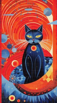 A vibrant illustration of a periwinkle-colored cat exploring Chicago.