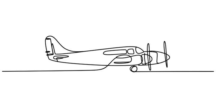 Continuous single line drawing of a small twin engine airplane flying in the sky as a simple minimal illustration for travel and aviation concepts