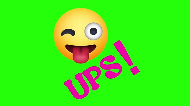 A Zany Winking Yellow Emoji Animation with Tongue Out and Pink "UPS!" Text 4k stock animation video on a green screen background for chroma key background for video editing.
