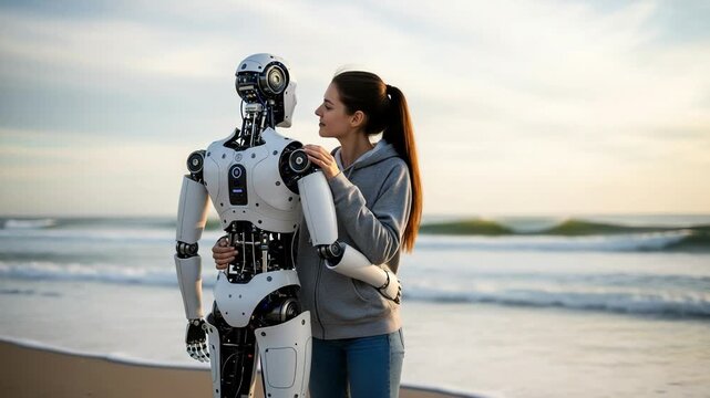 A woman embracing a humanoid robot on a beach at sunset