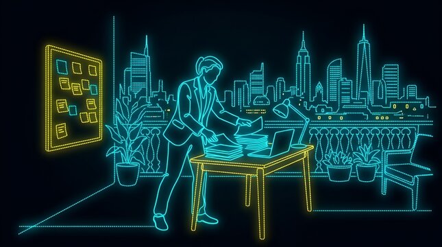 Woman organizing paperwork in office with city background