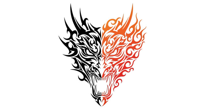 Dragon Head with Fire Flames Burning.