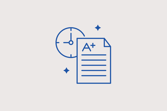 Top grade test paper with clock line icon for school exam time management apps. Vector illustration for digital student evaluation dashboards and academic score cards.