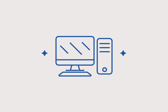 Stationary desktop personal computer line icon for computer science lab classroom guides. Vector illustration for modern school workstation setups and educational hardware websites.