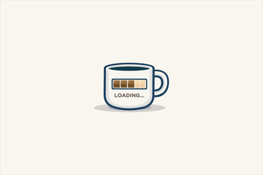 Cute coffee mug with loading battery icon illustration in flat vector style. Perfect for caffeine concept, morning mood, productivity, and pause themes. Vector illustration.