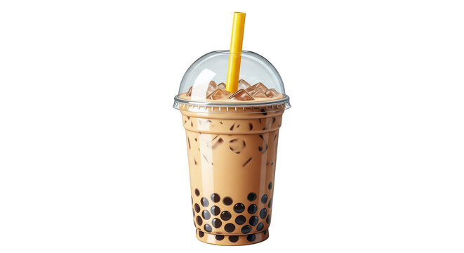 Iced bubble tea with tapioca pearls in a plastic cup with a yellow straw