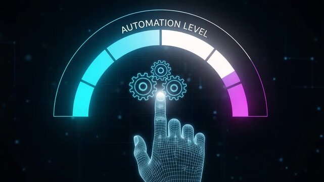 A digital hand touching a gear icon on an automation level gauge