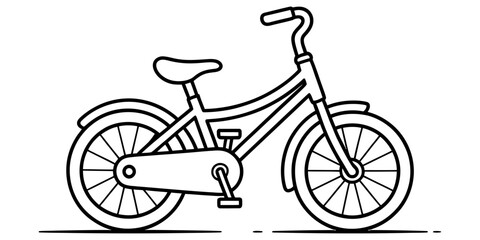 Simple black line drawing of a kids bicycle for coloring book pages with a classic frame design and two wheels for children to ride and play with © Jagonnath