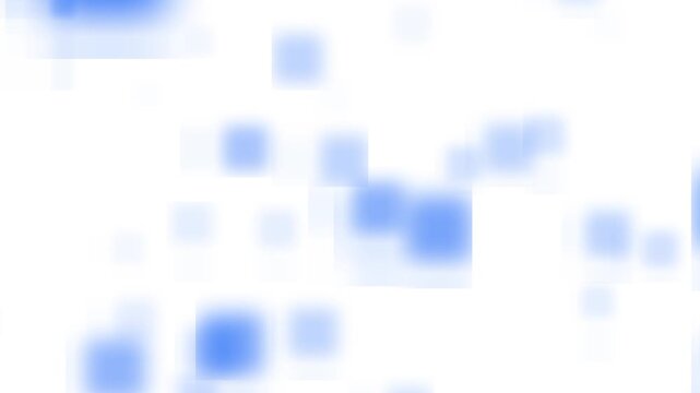 Scattered blue squares and rectangles of varying sizes float across a white background giving a clean and minimal geometric digital feel