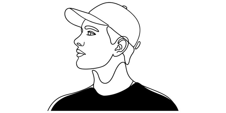 Young man wearing a baseball cap profile view drawing in a simple continuous line art style with a minimal black and white aesthetic design